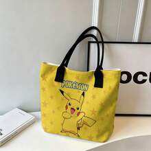 Miniso Pokémon Canvas Tote Bag, Yellow Base With All Over Star Print, Front Pikachu Graphic & Logo, Reusable Daily Shoulder Handbag For School, Shopping - Pink - View 5
