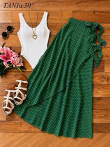 Women's Long Wrap Skirt In Viscose Linen With Tie Detail – Style And Comfort – One Size - Green Polka Dot - View 7