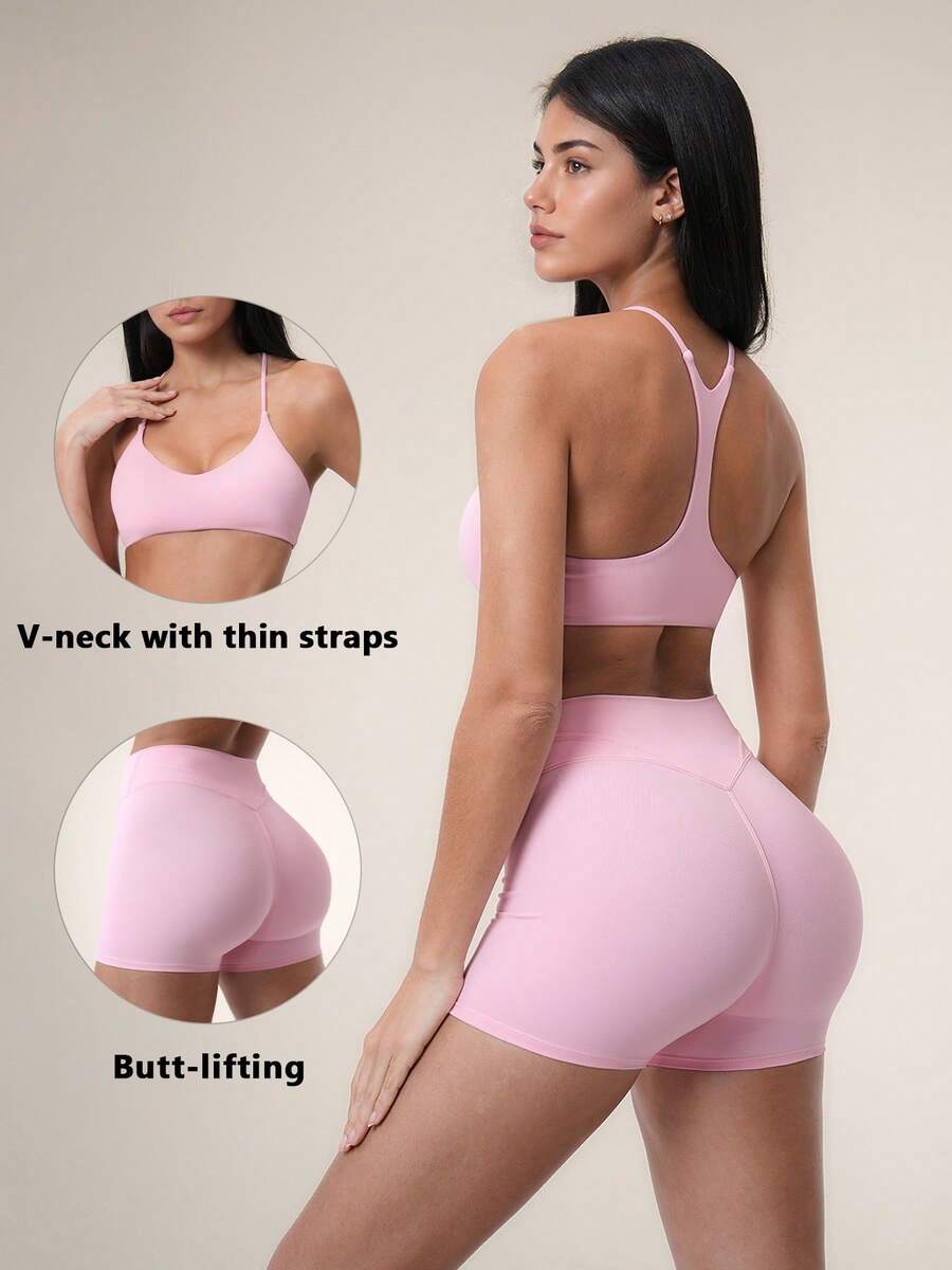 TimeOff 2pcs Women's Fitness Set, Halter V-Neck Y-Back Sports Bra + High Waist V-Stitch Shorts - Pink - View 1