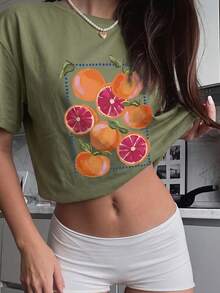 Summer New Casual Orange Print Round Neck Short Sleeve T-Shirt, Fashionable Versatile Women Top - Olive Green - View 1