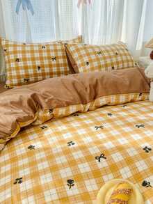4PCS Yellow Plaid Cherry Bow Pattern Duvet Cover Set, Breathable For Spring/Summer, Includes 1 Duvet Cover, 1 Bed Sheet, 2 Pillowcases, Duvet Insert And Pillow Insert Not Included, Pillowcase Pattern Randomly Cut - Yellow - View 12