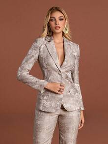 Women Fashion Collar Button Regular Sleeve Floral Print Non-Stretch Blazer Suit Set Perfect For A Chic And Stylish Look - Apricot - View 5