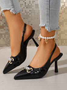Black High Heel Shoes For Women, New Thin Heel Pointed Toe Low Vamp Pumps, Elegant Metal Buckle Strap Closed Toe Sandals - Black - View 2