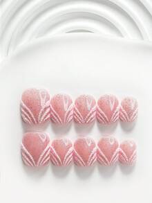10片裝休閒風手工穿戴甲，Polygel美甲套組，紋理線條設計，亮粉色指甲，柔美優雅風格，附美甲工具，3種尺寸可選：方形、短方形、杏仁形，適合派對、跳舞、日常配戴 - 彩色 - 查看 2