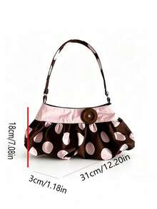 This Fashionable Chocolate-Colored Fabric Shoulder Bag Features Polka Dot Pattern, Pleated Design And Button Accents, Making It Perfect For Office Workers, Teachers, Students, Young Women And Fashionistas. It Is Suitable For Commuting, Shopping, Dating, Vacation, Wedding, Daily Outings And Weekend Short Trips. - Chocolate Brown - View 5