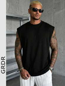 GRDR Camiseta de tirantes holgada para hombre, adecuada para el verano - Negro - Ver 3