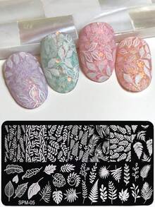 1片夏季葉片美甲印花板，熱帶植物葉美甲模板，夏威夷葉紋金屬美甲模版，不鏽鋼可重複使用美甲沙龍工具，居家DIY美甲用品 - 銀色 - 查看 3