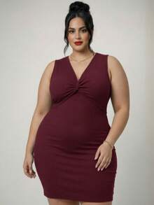 Women's Plus Size Ribbed Black V-Neck Fitted Elegant Dress With Elastane - 紫紅色 - 查看 9