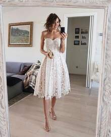 2026 Spring Summer Sweetheart Strapless Lace Midi Dress, Boned Corset High Waist A Line Flowy Chiffon Formal Dress For Women W ESSENCE TIARRA WILLIAMS - White - View 4