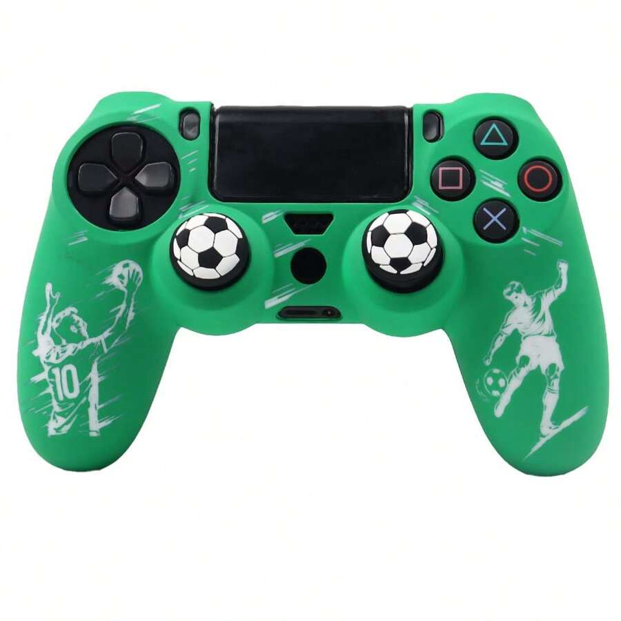 Accesorio de juego de mesa con temática de fútbol con patrones de trofeo, funda de piel de controlador y pegatina personalizada con antideslizante para controlador Playstation 4, RALAN 1 Funda protectora de controlador+2 tapas de agarre de pulgar personalizadas+ - Ver 1