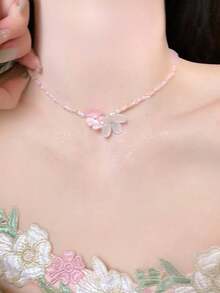 1件優雅獨特多巴胺紫粉花卉人造水晶珠項鍊，小眾甜美女款飾品，獨特美觀夏季度假項鍊，適合度假、派對、宴會、日常穿搭，送給女友/媽媽的完美禮物（珠子顏色隨機） - A - 查看 11