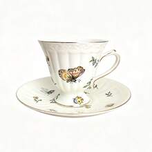 1 Set 2pcs 200ml European Vintage Pastoral Style Insect Pattern Gold Rim Coffee Cup & Saucer Set, Exquisite Tea Set For Hotel, Home, Afternoon Tea, Holiday Gift - Apricot - View 12