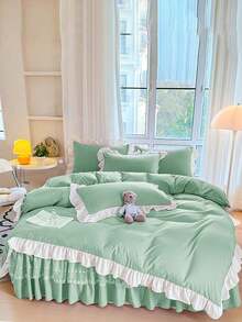 Set Sprei Selimut Lembut dan Nyaman Ramah Kulit Gaya Anak Perempuan dengan Pinggiran Bergelombang 3pcs (1*Sprei Selimut + 2*Sarung Bantal), Cocok untuk Kamar Tidur, Kamar Tamu, Dapat Dicuci dengan Mesin, Sepanjang Musim - Mint Green - View 7