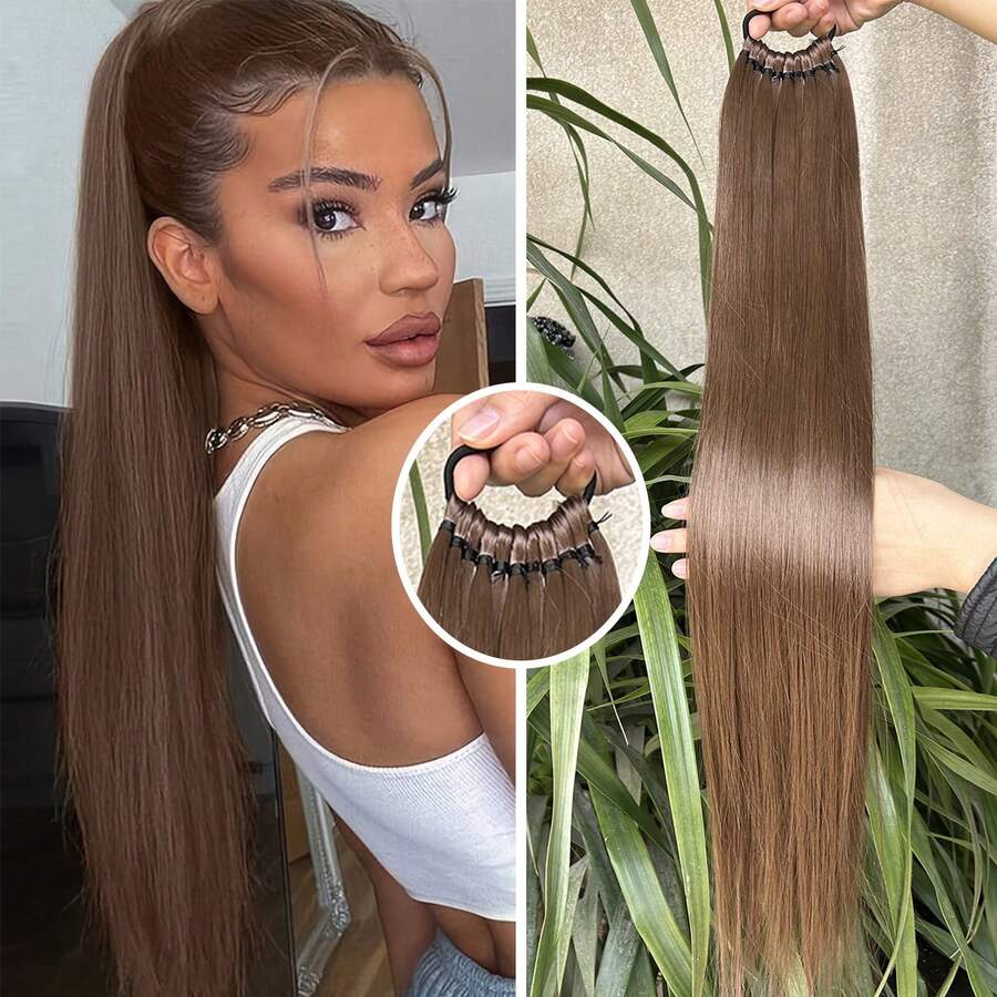 24Inch Long Straight Ponytail Extensions With Elastic Rubber Band Synthetic Ponytail Hairpiece For Women Daily Use - Multicolor - View 1