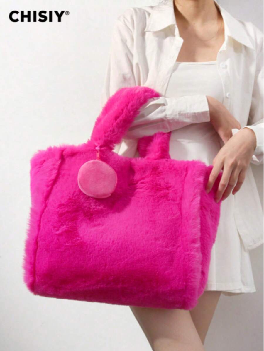 CHISIY 2 PCS Pink Fluffy Tote Bag Ultra Soft Faux Fur Handbag Perfect For Shopping, Casual Outings, Office, And Social Events Chic Pink Color, Cozy Texture - Hot Pink - View 1