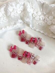 10 piezas de uñas postizas cortas estilo ataúd hechas a mano para el Día de San Valentín, diseño rosa dulce con degradado francés rosa, cadena de perlas, lazo y gema, acabado brillante, suministros de arte de uñas - Rosa - Ver 3
