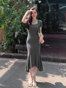 Summer Solid Color Long Fitted Mermaid Hem Short Sleeve Sweater Dress - Dark Grey - View 5