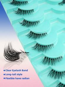 10 Pairs Half-Eye 3D Faux Mink Natural Fluffy Transparent Stem False Eyelashes For Women, Suitable For Daily Wear, Eye-Tail Lengthening Eyelash Pack - 黑色 - 查看 2