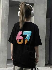 女童宽松圆领T恤，粉色，前后印有“67”甜甜圈和冰淇淋图案，透气舒适，适合日常穿着、上学和海滩活动。 - 黑色 - 查看 2
