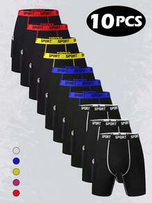 10pcs Men's Pure Black Long Leg Boxer Briefs, Side Pocket Design, Multi-Color SPORT Letter Print Waistband, Soft & Smooth, Daily Casual Underwear Set - Multicolor - View 2