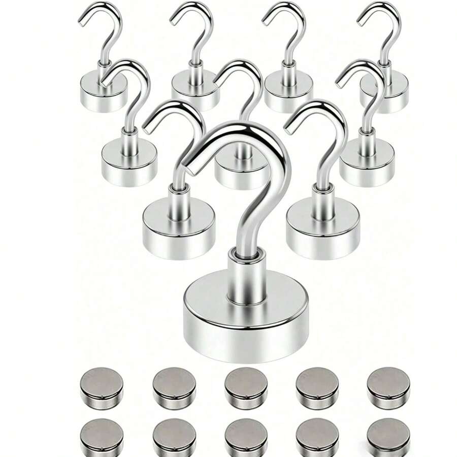 10pcs/5pcs Strong Magnetic Hooks, Non-Slip, Space-Saving, Heavy Duty, Suitable For Home, Tenant Or Office Use, Can Be Used For Kitchen Utensils, Bathroom Towels And Small Items - Silver - View 1
