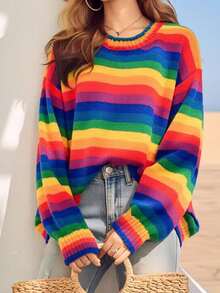 Women's Plus Size Rainbow Stripe Knit Sweater - Round Neck Long Sleeve Loose Fit Pullover For Fall Winter Casual Chic Streetwear - Multicolor - View 3