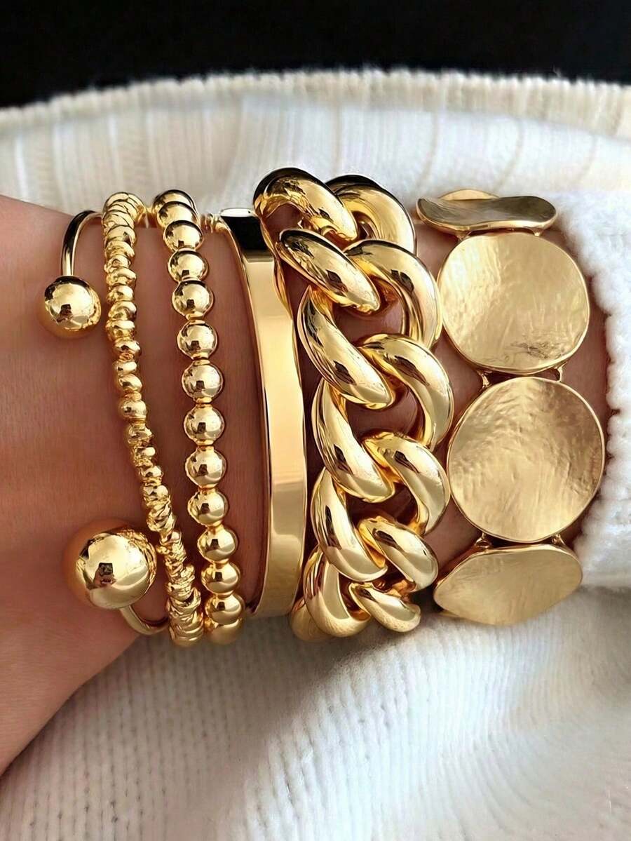6pcs/Set Fashionable Retro Punk Style Lightweight Beaded Bracelet, Chain Bracelet, Elastic Disc Bracelet Set, Suitable For Women's Daily, Party, Date, Vacation, Layering, Holiday Gift - Yellow Gold - View 1