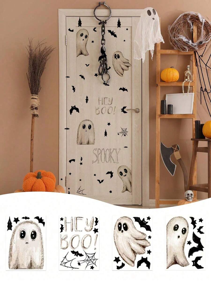 6/1pc Stiker Pintu Hantu Kelelawar, Stiker Dekoratif Hantu Kelelawar Halloween, Stiker PVC Perekat yang Dapat Dilepas, Stiker Dekorasi Hantu Lucu, Stiker BOO, Stiker Dekorasi Rumah Suasana Liburan - A - View 1