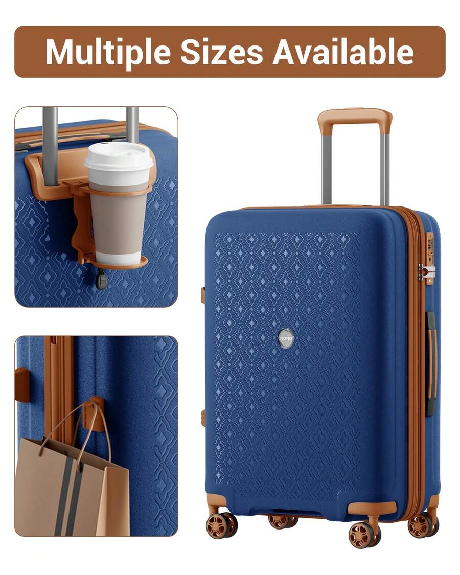Carry On Suitcase Small 20 Inch Cabin Luggage Medium 24 Inch Large 28 Inch PP Hard Shell Expandable Lightweight TSA Lock Cup Holder 3 Piece Set Blue