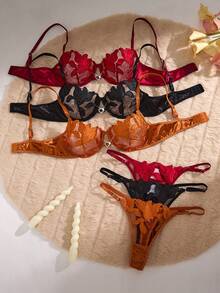 Conjunto de dos piezas de sujetador para mujer con diseño bordado de flor de lirio en forma de corazón, cómodo y suave - Multicolor - Ver 2