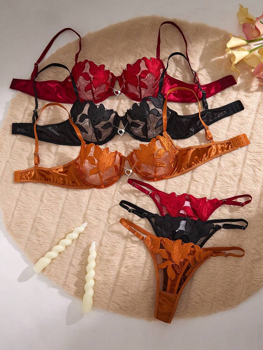 Conjunto de dos piezas de sujetador para mujer con diseño bordado de flor de lirio en forma de corazón, cómodo y suave