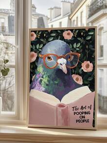 1pc Framed/Unframed Quirky Elephant Reading Book Wall Art Print Embrace The Obvious Fun Animal Posters Lover Gift, Humorous Wall Decor, Humorous Pigeon Reading 'The Art Of Pooping On People' Pink Literary Wall Art Print Funny Bathroom Decor - Animal - View 5