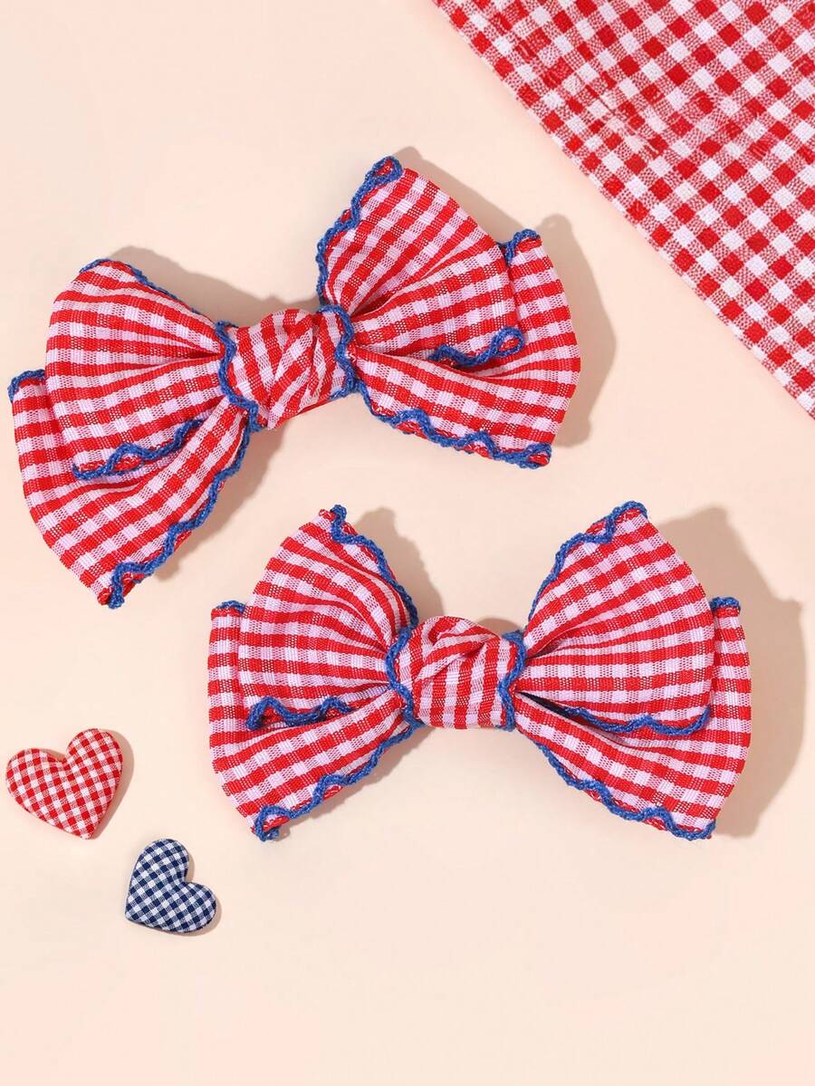 2 pièces Nœuds à cheveux à carreaux rouges pour filles avec bordure ondulée, pinces crocodiles, barrettes mignonnes et douces, épingles à cheveux pour la rentrée scolaire, pinces à cheveux quotidiennes, accessoires pour cheveux pour enfants - Rouge - Voir 1