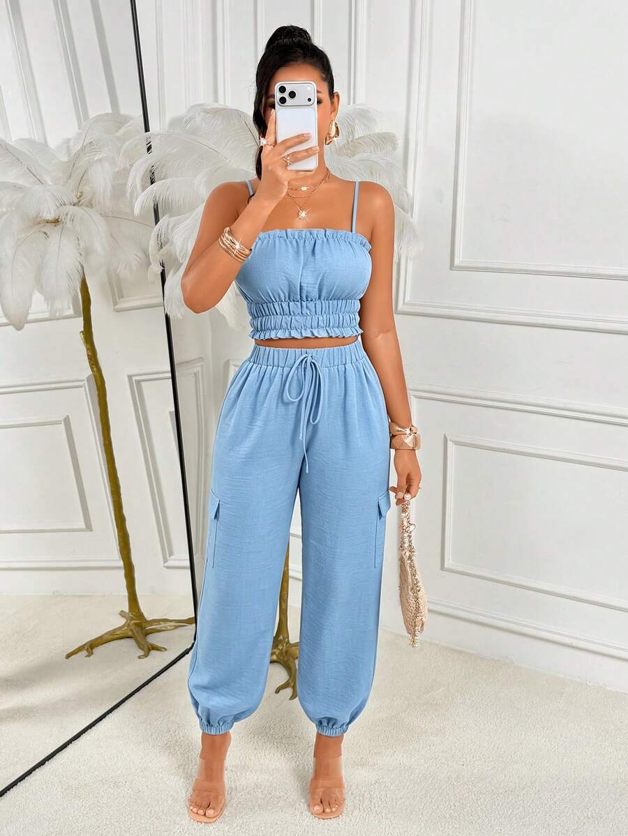 AIJ Women's Casual Elegant 2 Pieces Set, Spaghetti Strap Cropped Top With Drawstring Cargo Pants, Non-Stretch Fabric, Backless Ruffle Detail, Fashion Style, Lightweight And Breathable Fabric - Sky Blue - View 1