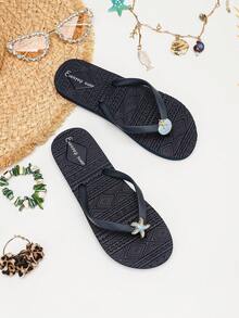 Evertop Surf Summer Ocean Style Oil Drop Shell & Starfish Decor Chain Square Toe Flat Slides AB Version Asymmetric Sandals Soft Sole Beach Vacation Bohemian Casual Street Style Original Design - Royal Blue - View 5