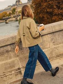 Women's Fashion Long Sleeve Regular Fit Polyester Lapel Jacket, Non-Stretch Fabric, Suitable For Autumn And Spring - Khaki - View 2