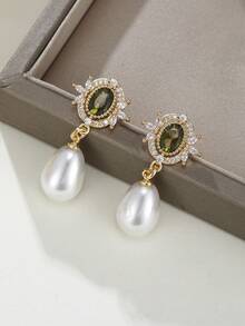 1 Pair Vintage Green Zirconia Teardrop Faux Pearl Earrings For Women To Wear,For Brides,Weddings,Daily Wear,Romantic Jewelry Gifts - Earrings - View 6