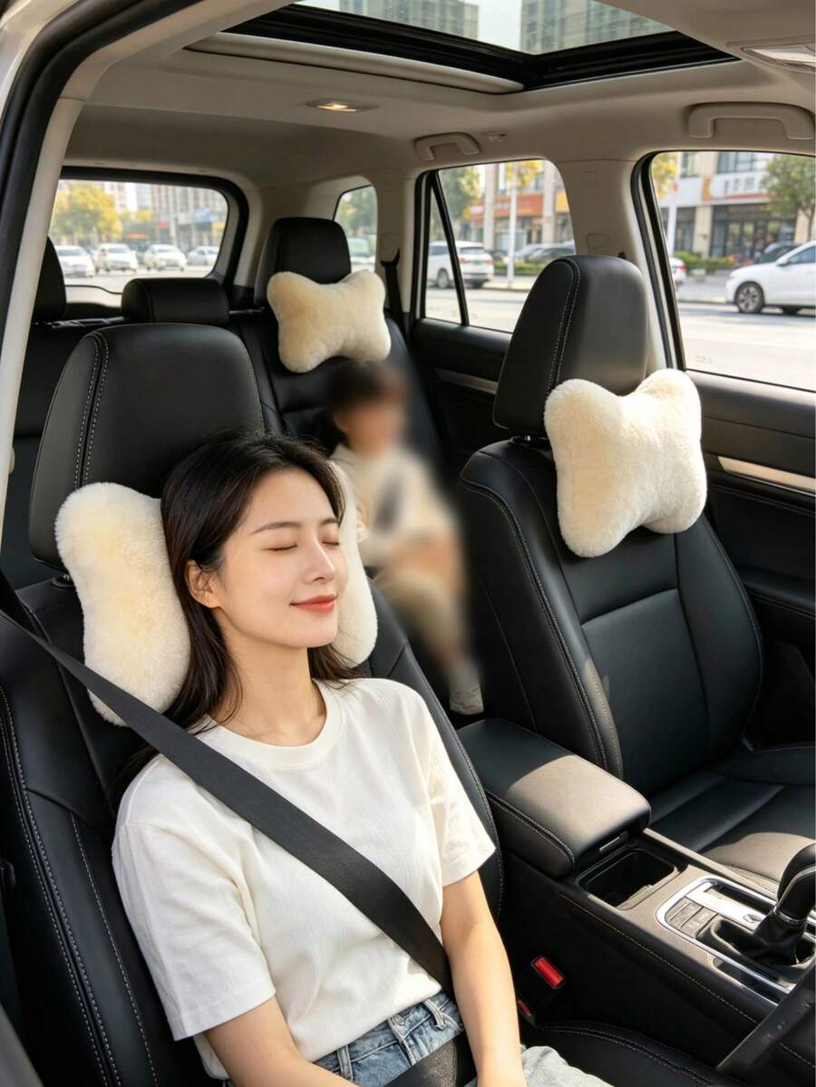 汽車人造兔毛腰部支撐墊,汽車頭枕,毛絨頭枕腰部支撐頸枕汽車腰部支撐,毛絨汽車頸枕,柔軟人造兔毛舒適墊,汽車內飾裝飾,人體工學駕駛員支撐頭枕,適合四季使用 - 隨機款式 - 查看 1