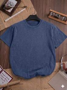 Oversized Washed Gray Short Sleeve Tee, Loose Fit Vintage Streetwear Style, Basic Summer - Blue - View 11
