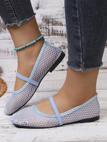 Zapatos Mary Jane de malla con punta cuadrada, transpirables, zapatos planos de estilo hada de verano para ir al trabajo y compras, con suela blanda, zapatos para mujer - azul cielo - Ver 2