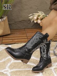 1 Pair Low Chunky Heel Embroidered Side Zipper Kids' Texas Boots, Fashion Versatile Retro Girls' Boots, Suitable For Daily Wear, Outdoor Vacation - Black - View 7