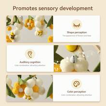 Wooden Frame Baby Crib Mobile, With Felt Bee And Plush Ball Flower Pendants, Nursery Hanging Decoration - Yellow - View 7
