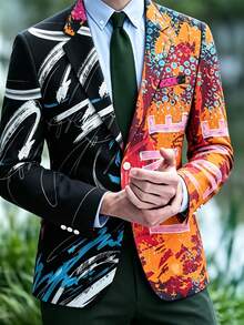 1 buah Blazer Pria Asimetris Colorblock dengan Motif Huruf LOVE dan Percikan Grafiti - Jeruk - View 1