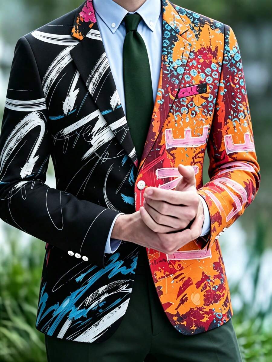 1 buah Blazer Pria Asimetris Colorblock dengan Motif Huruf LOVE dan Percikan Grafiti - Jeruk - View 1