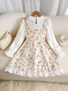 Girls' Dress For 8-12 Years Old, Pastoral Ditsy Floral 2 In 1 Dress, Peter Pan Collar, Long Sleeve, Patchwork Waist, A-Line, Birthday, Outing, Autumn Outfit, Bow Decor, Invisible Zipper - White - View 6