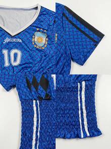 Camiseta casual de mujer con cuello en V, fruncida, con borde de lechuga y dobladillo ajustado, estilo jersey de Argentina, para atuendos de verano, top lindo para salir, Y2K - Azul oscuro - Ver 8