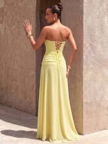 UNITHORSE Chiffon Halter Backless Dress For Evening Gown - Yellow - View 7