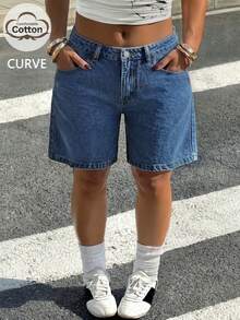Plus Size Women's Washed Denim Straight Leg Bermuda Shorts, Mid-Waist Loose Straight Leg 5-Inch Shorts, American Casual Versatile Bottoms - Dark Wash - View 3