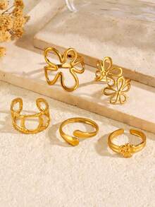 5pcs Stainless Steel 18K Gold Plated Summer Minimalist Chic Fashion Casual Style Geometric Gold Line Plumeria Oval Adjustable Open Ring Set, Suitable For Women's Daily, Holiday, Date, Vacation, Beach, Party Wear, Casual Jewelry Gift - Multicolor - View 4
