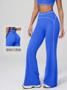 NcmRyu Women's 1pc Contrast White Line Hip-Lifting Slim Fit Flare Long Pants - Blue - View 1